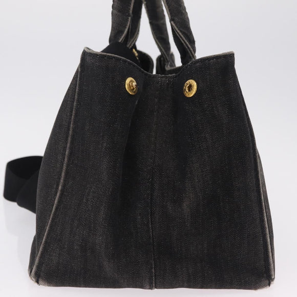 PRADA Canapa MM Hand Bag Canvas 2way Black Gold Auth ep16090