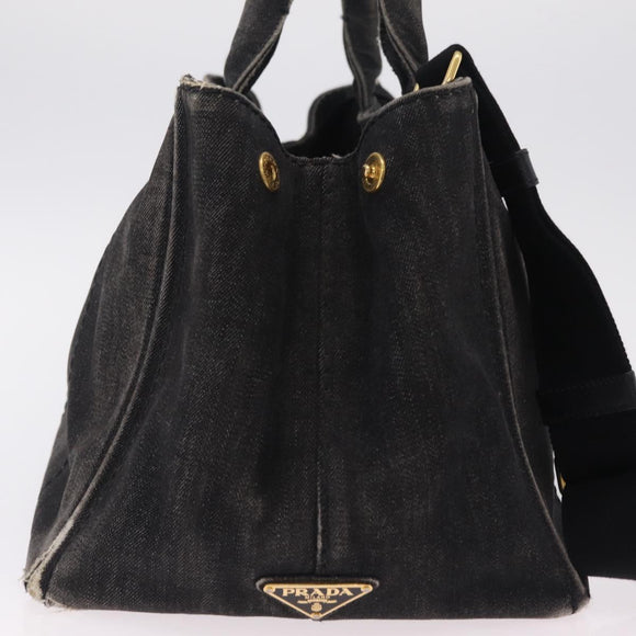 PRADA Canapa MM Hand Bag Canvas 2way Black Gold Auth ep16090