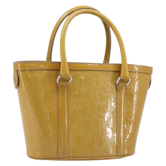 Christian Dior Trotter Canvas Hand Bag Patent leather Beige Silver Auth ep16107