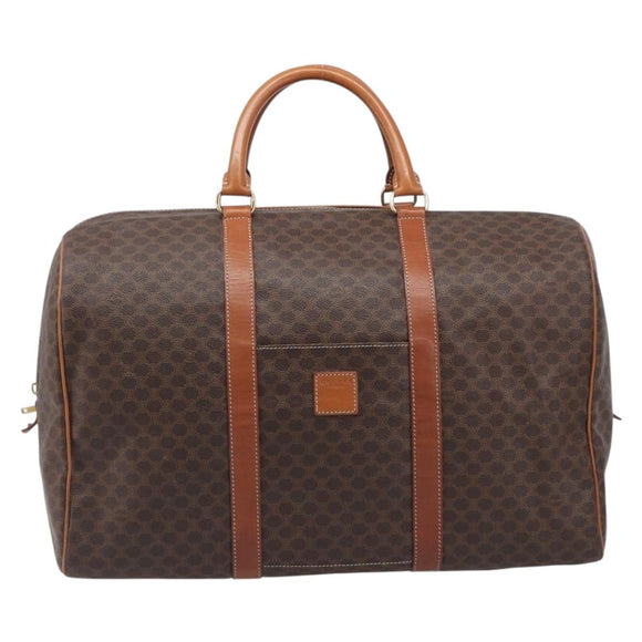 CELINE Macadam Canvas Boston Bag PVC Leather Brown Gold Auth ep16176