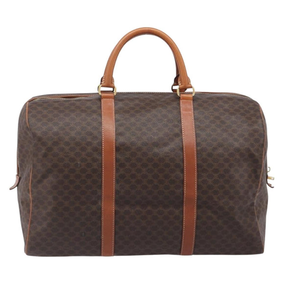 CELINE Macadam Canvas Boston Bag PVC Leather Brown Gold Auth ep16176