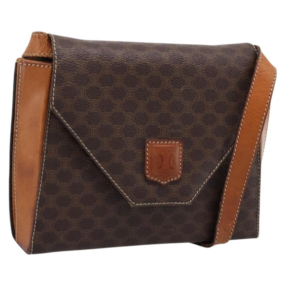 CELINE Macadam Canvas Shoulder Bag PVC Leather Brown Gold Auth ep16182