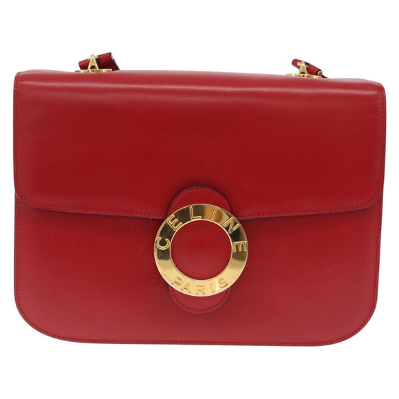 CELINE Shoulder Bag Leather Red Gold Auth ep16186A