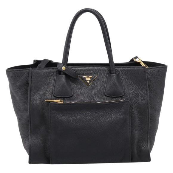 PRADA Hand Bag Leather 2way Black Gold Auth ep16198V