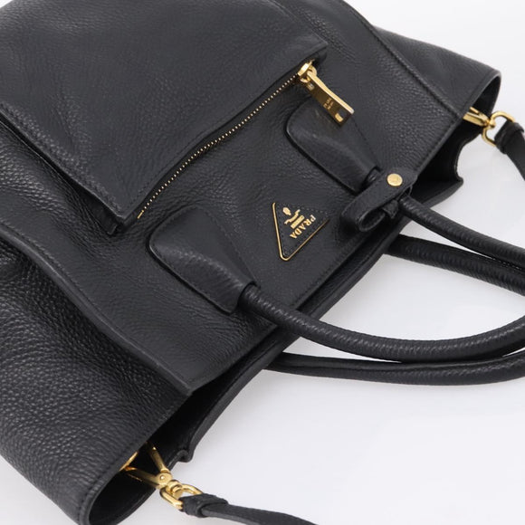 PRADA Hand Bag Leather 2way Black Gold Auth ep16198V