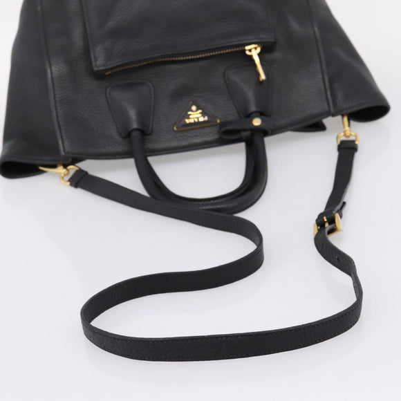 PRADA Hand Bag Leather 2way Black Gold Auth ep16198V