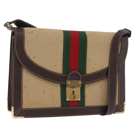 GUCCI Web Sherry Line Shoulder Bag Canvas Beige Gold Auth ep16256