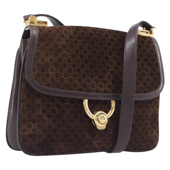 GUCCI Shoulder Bag Suede Dark Brown Gold Auth ep16331
