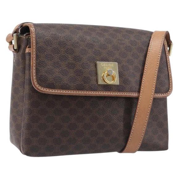 CELINE Macadam Canvas Shoulder Bag PVC Leather Brown Gold Auth ep16335