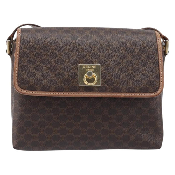 CELINE Macadam Canvas Shoulder Bag PVC Leather Brown Gold Auth ep16335