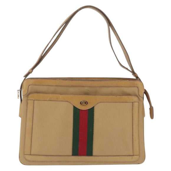 GUCCI Web Sherry Line Shoulder Bag Canvas Beige Gold Auth ep16340