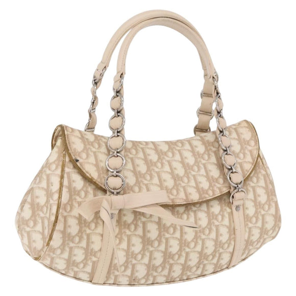Christian Dior Trotter Canvas Romantic Hand Bag PVC Beige Silver Auth ep16386