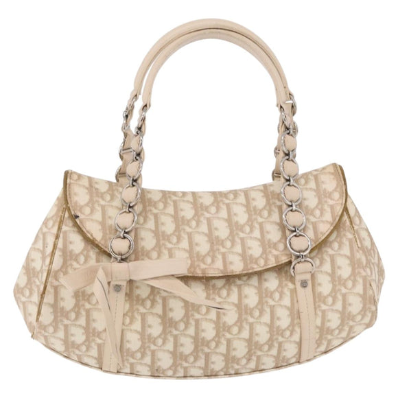 Christian Dior Trotter Canvas Romantic Hand Bag PVC Beige Silver Auth ep16386