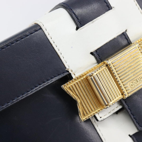 CELINE Hand Bag Leather Navy Gold Auth ep16387A