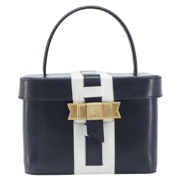 CELINE Hand Bag Leather Navy Gold Auth ep16387A