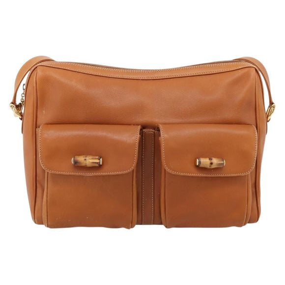GUCCI Bamboo Shoulder Bag Leather Brown Gold Auth ep16426