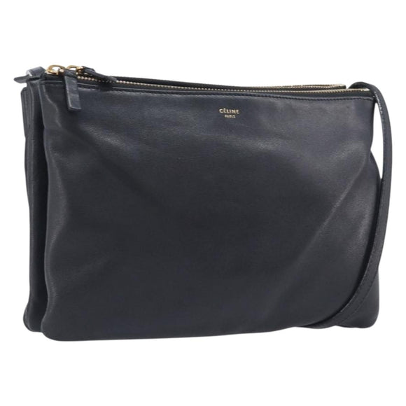 CELINE Trio Shoulder Bag Leather Black Gold Auth ep16452A
