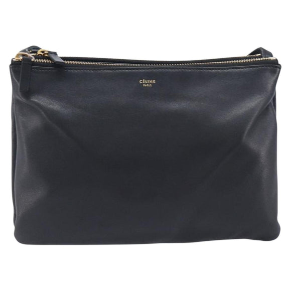 CELINE Trio Shoulder Bag Leather Black Gold Auth ep16452A