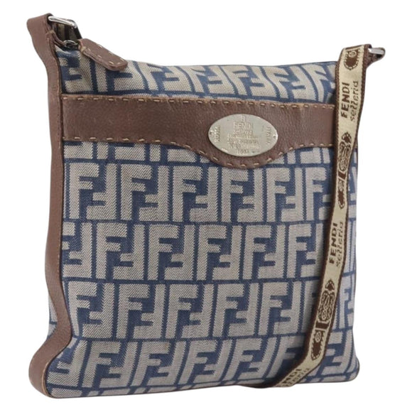 FENDI Zucca Canvas Celeria Shoulder Bag Blue Silver Auth ep16488