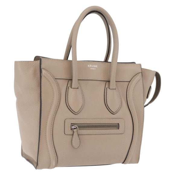 CELINE Luggage Micro Shopper Hand Bag Leather Beige Silver Auth ep16511V
