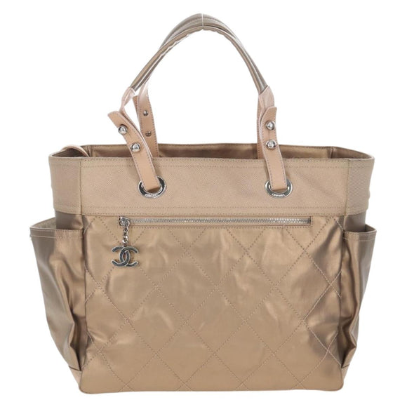 CHANEL Paris Biarritz Tote Bag Coated Canvas Gold Silver CC Auth ep16512V