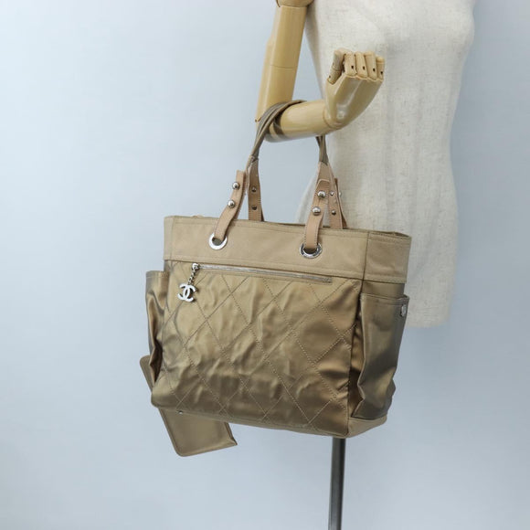 CHANEL Paris Biarritz Tote Bag Coated Canvas Gold Silver CC Auth ep16512V