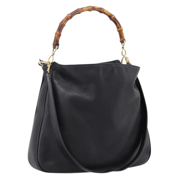 GUCCI Bamboo Hand Bag Leather 2way Black Gold 001 1014 1577 Auth ep16545