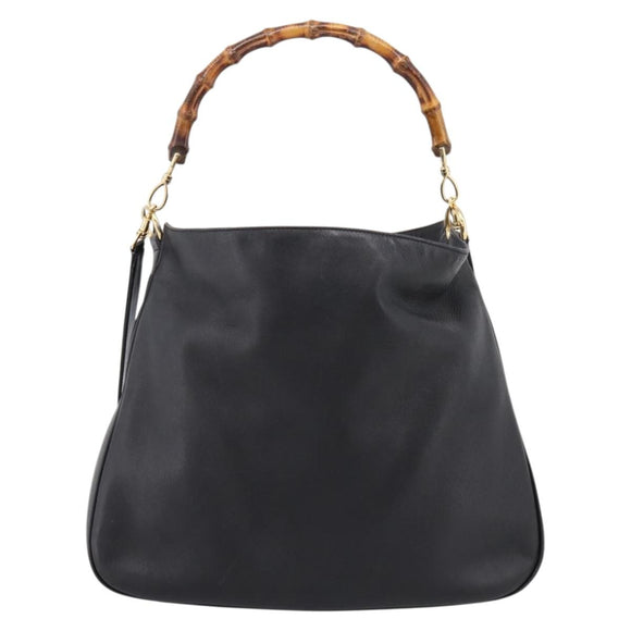 GUCCI Bamboo Hand Bag Leather 2way Black Gold 001 1014 1577 Auth ep16545