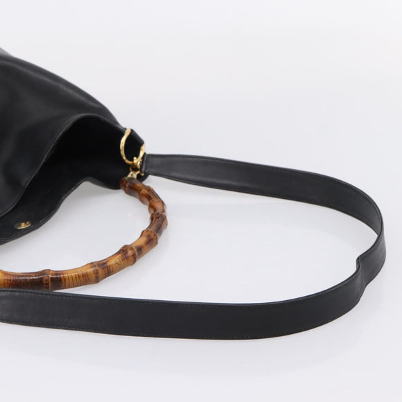 GUCCI Bamboo Hand Bag Leather 2way Black Gold 001 1014 1577 Auth ep16545