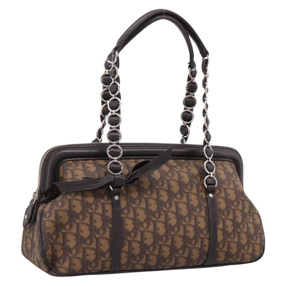 Christian Dior Trotter Canvas Romantic Hand Bag PVC Brown Silver Auth ep16550V