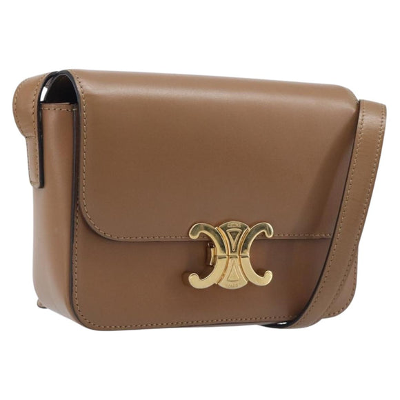 CELINE Triomphe Shoulder Bag Leather Beige Gold Tone Auth ep16591M