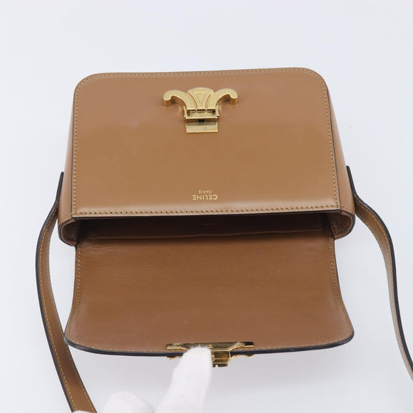 CELINE Triomphe Shoulder Bag Leather Beige Gold Tone Auth ep16591M