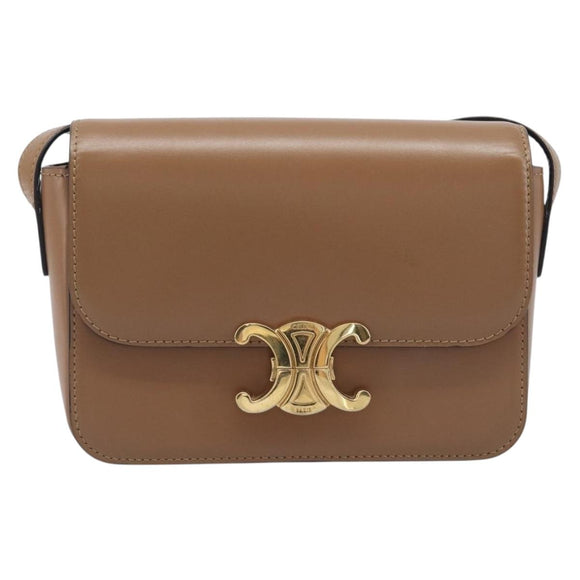 CELINE Triomphe Shoulder Bag Leather Beige Gold Tone Auth ep16591M
