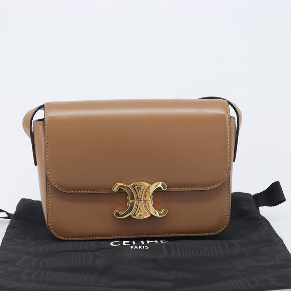 CELINE Triomphe Shoulder Bag Leather Beige Gold Tone Auth ep16591M
