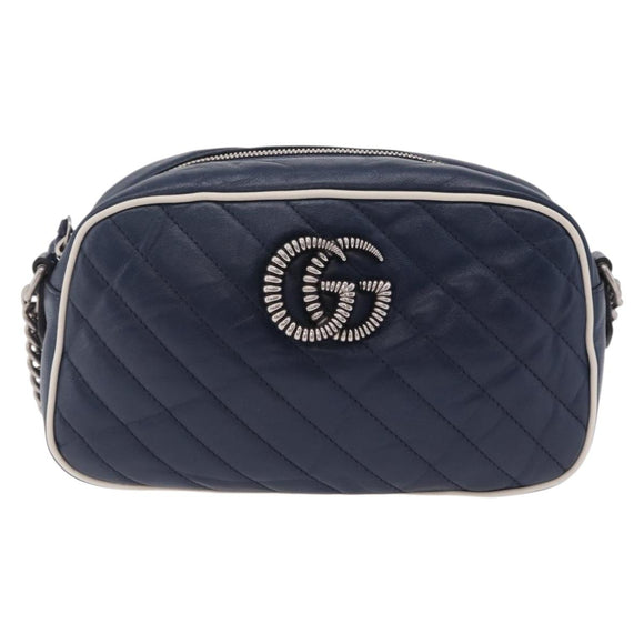 GUCCI GG Marmont Chain Shoulder Bag Leather Navy Silver 447632 Auth ep16640V