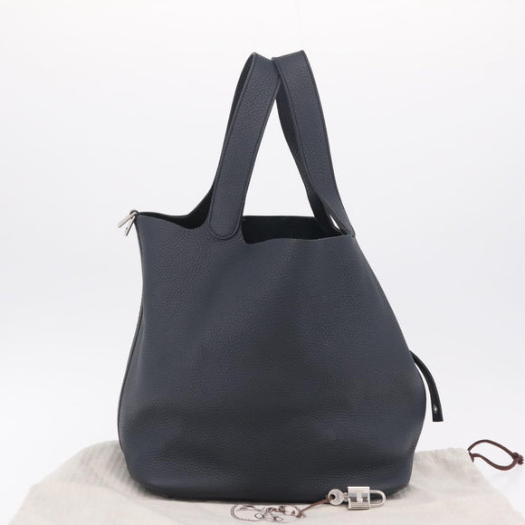 HERMES Picotan Lock MM Hand Bag Taurillon Clemence Navy Silver Auth ep16671SM