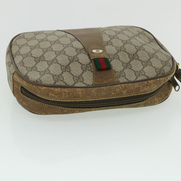 GUCCI GG Canvas Web Sherry Line Clutch Bag PVC Leather Beige Green Auth ep1670