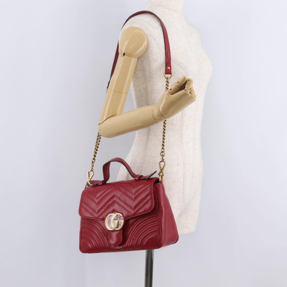 GUCCI GG Marmont Hand Bag Leather 2way Red Gold Tone 498110 Auth ep16711V