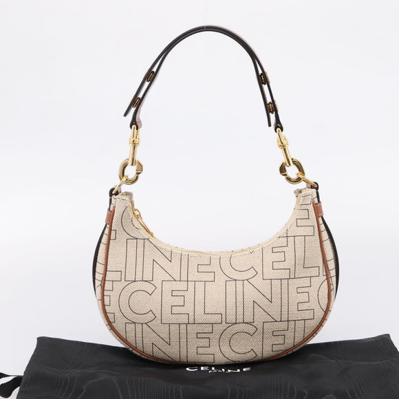 CELINE Medium Ava Shoulder Bag Canvas Beige Gold Tone Auth ep16729M