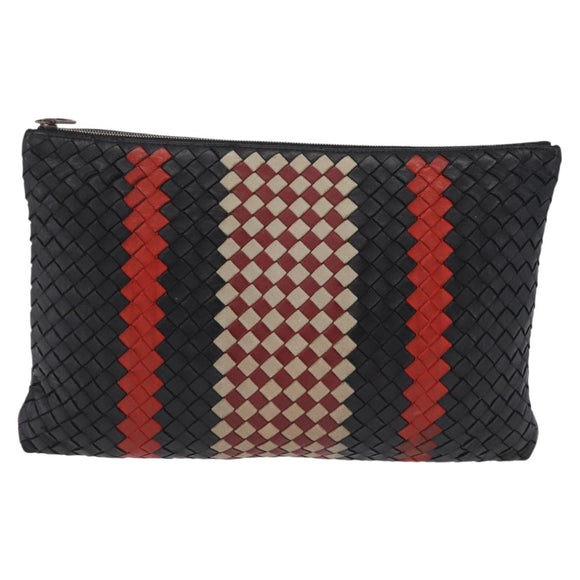 Bottega Veneta INTRECCIATO Clutch Bag Leather Black Red Auth ep16743