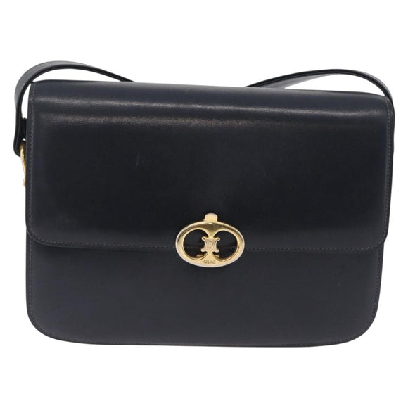 CELINE Shoulder Bag Leather Navy Gold Tone Auth ep16758