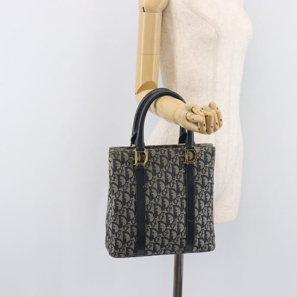 Christian Dior Trotter Canvas Hand Bag Navy Gold Tone Auth ep16785