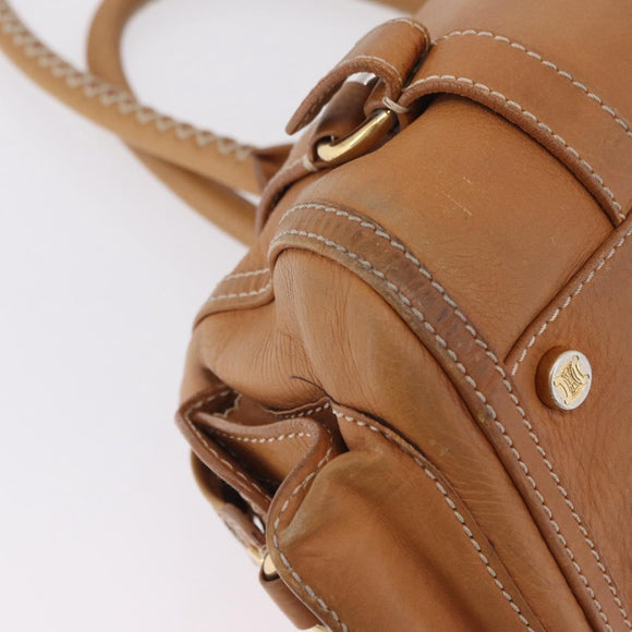 CELINE Hand Bag Leather Beige Gold Tone Auth ep16789A