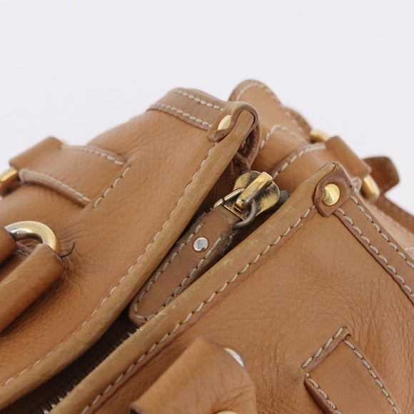 CELINE Hand Bag Leather Beige Gold Tone Auth ep16789A