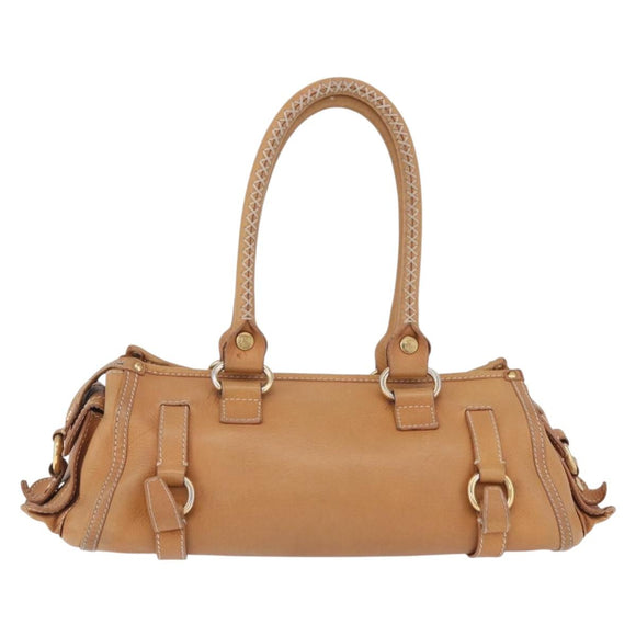 CELINE Hand Bag Leather Beige Gold Tone Auth ep16789A