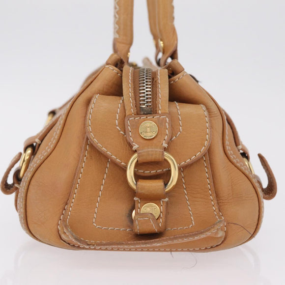 CELINE Hand Bag Leather Beige Gold Tone Auth ep16789A