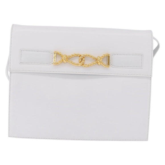 CELINE Shoulder Bag Leather White Gold Auth ep16793A