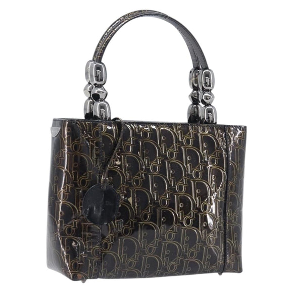 Christian Dior Maris Pearl Bag Patent Leather Dark Brown Silver Auth ep16803
