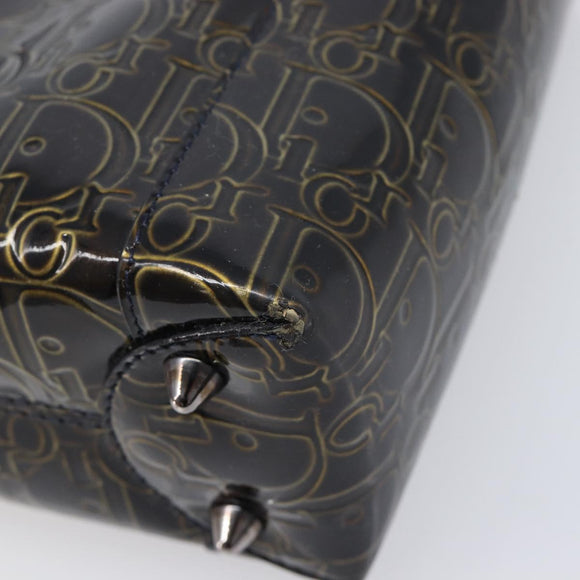 Christian Dior Maris Pearl Bag Patent Leather Dark Brown Silver Auth ep16803