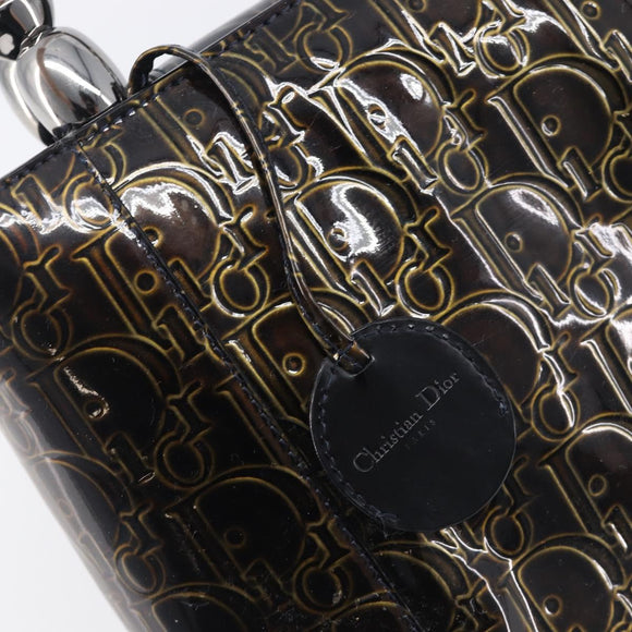 Christian Dior Maris Pearl Bag Patent Leather Dark Brown Silver Auth ep16803